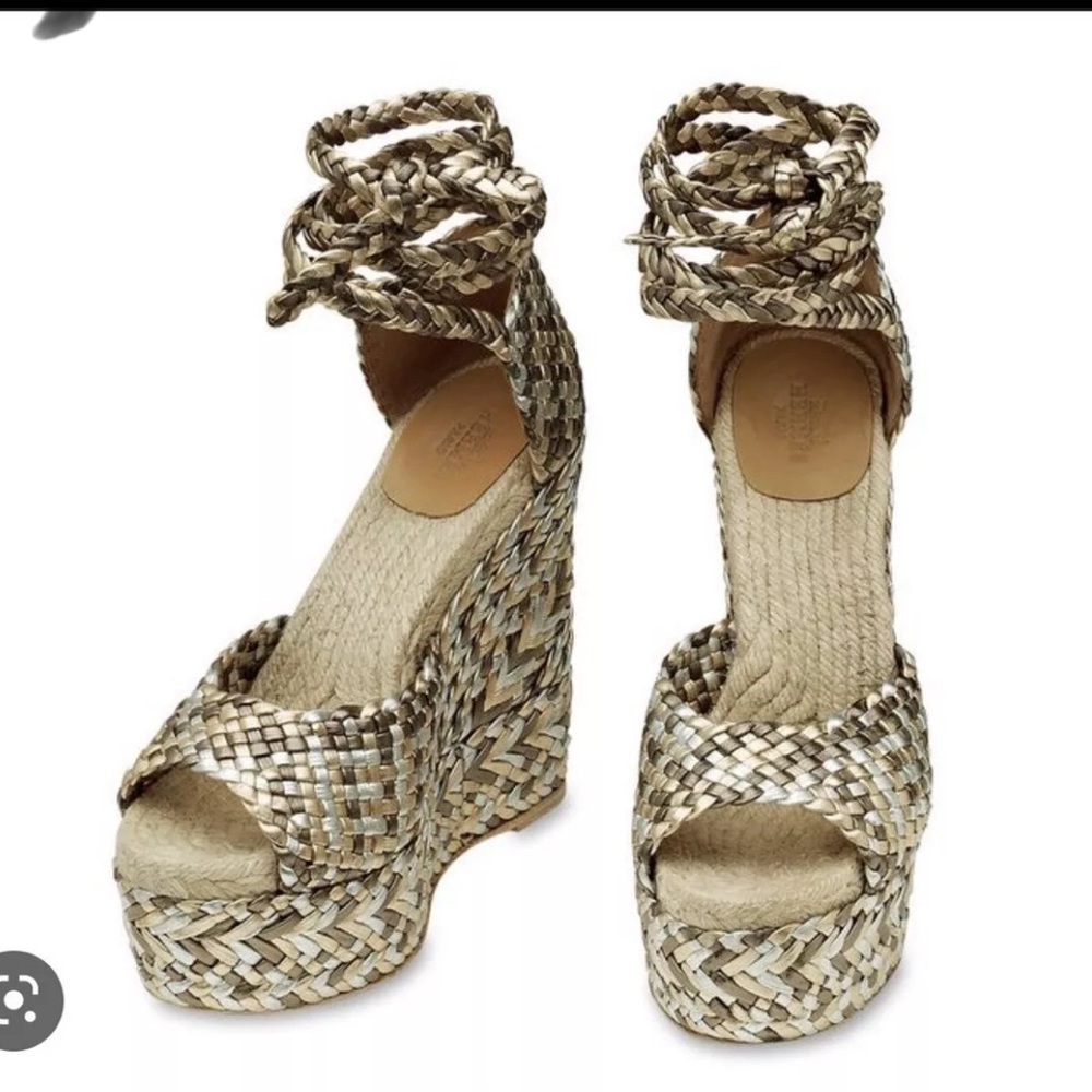 HERMES EPIC TRESSE METALLIC GOLD BRAIDED WEDGE SANDALS 36 RARE